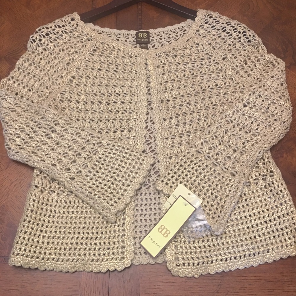 NWT boo gemes  XS ladies gold cardigan sweater